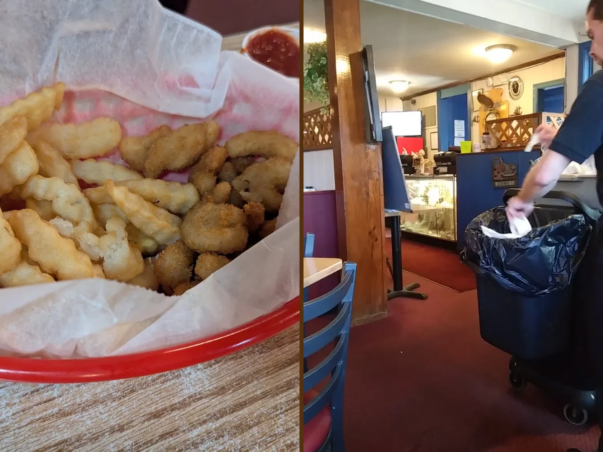 Fried seafood served in a no-frills dining space.